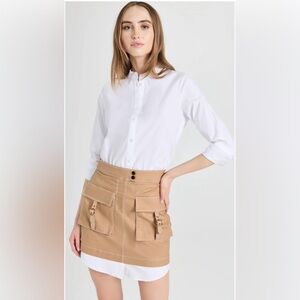 Veronica Beard White Shirt and Tan Mini Dress